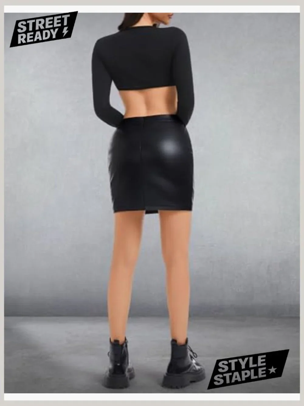 High Waist Faux Leather Mini Skirt with Shorts Side Slit Bodycon